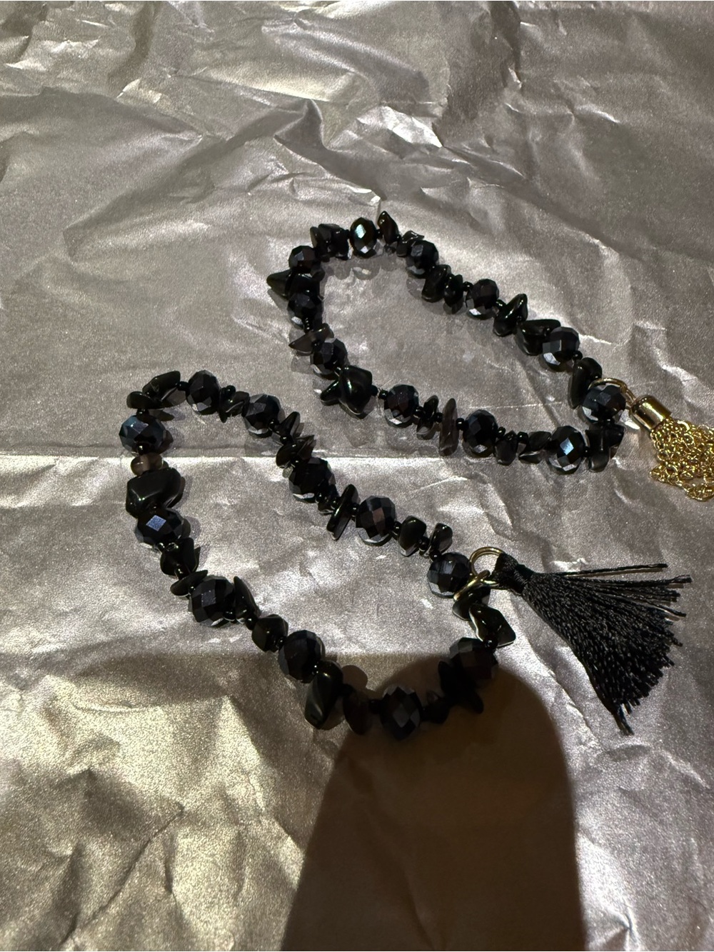 Boho Black Faceted Beaded Bracelet Set with Tassel Accents - 2 Piece Stack